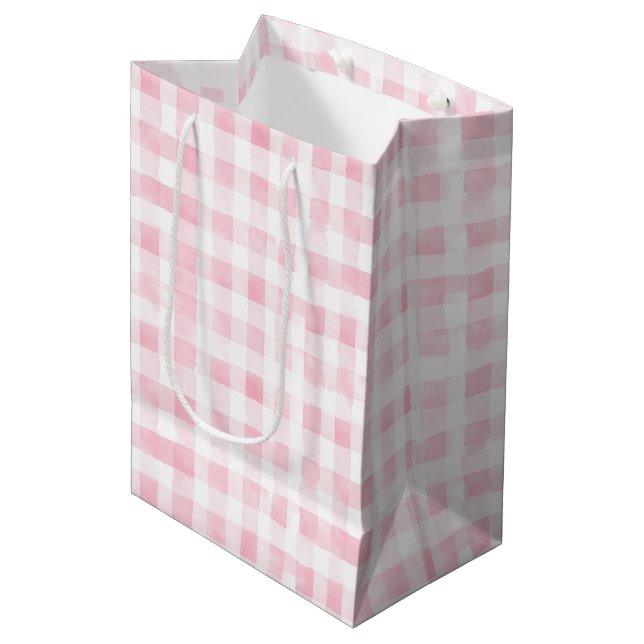 Pretty Pink White Plaid Stripes Bridal Shower Mittlere Geschenktüte (Vorderseite Schrägansicht)