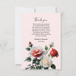 Pretty pink white red roses floral wedding dankeskarte