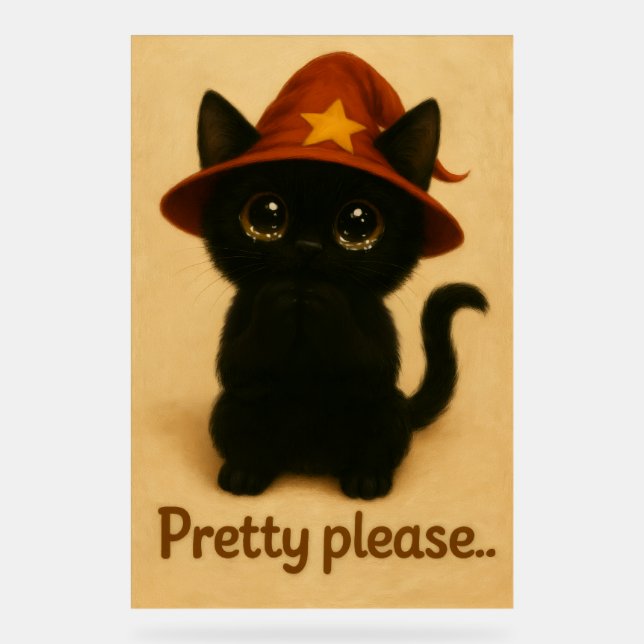 Pretty Please – Cute Black Cat with Wizard Hat Acrylschild (Vorderseite)