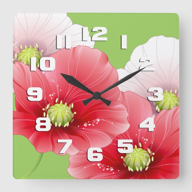 Pretty Poppies Floral Quadratische Wanduhr (Vorderseite)