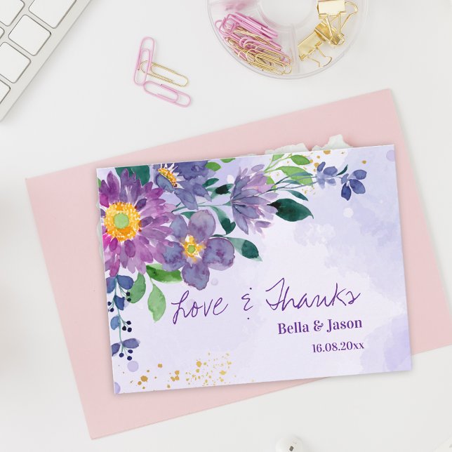 Pretty Purple Blue Floral Wedding Thank You Postkarte (Pretty Purple Blue Floral Wedding Thank You Postcard)