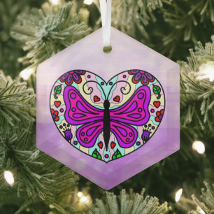 Pretty Purple Butterfly and Heart Mandala   Ornament Aus Glas
