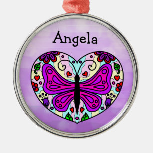 Pretty Purple Butterfly and Heart Mandala     Ornament Aus Metall