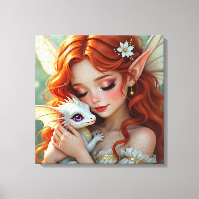 Pretty Red Haired Fairy with Dragon Leinwanddruck (Vorderseite)