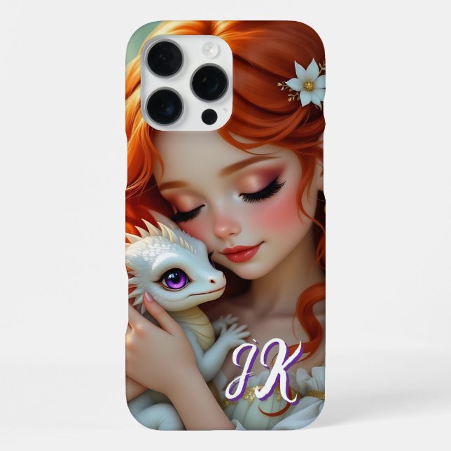 Pretty Red Haired Fairy with Dragon Monogrammed iPhone Hülle (Rückseite)