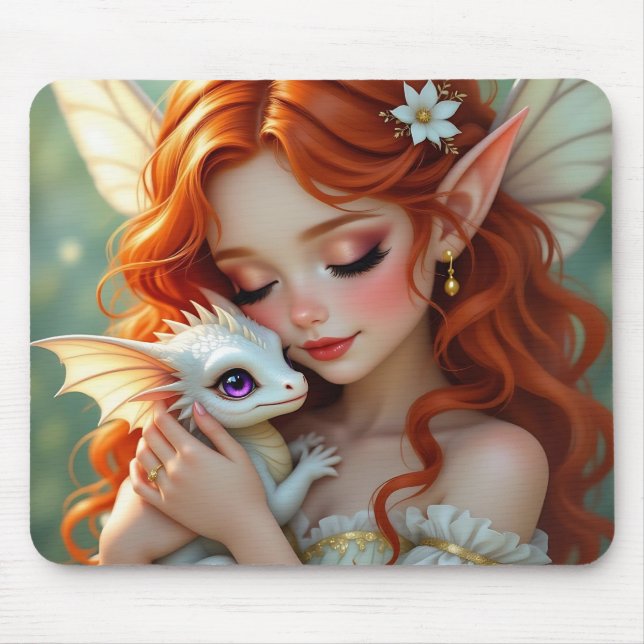 Pretty Red Haired Fairy with Dragon  Mousepad (Vorne)