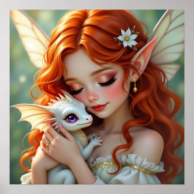 Pretty Red Haired Fairy with Dragon Poster (Vorne)