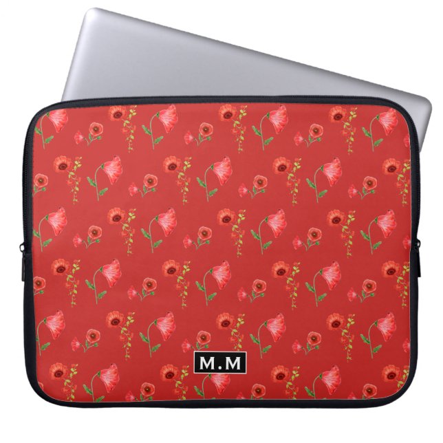 Pretty Red Poppies Pattern Monogram Laptopschutzhülle (Vorderseite)