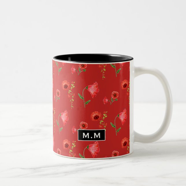 Pretty Red Poppies Pattern Monogram Zweifarbige Tasse (Rechts)