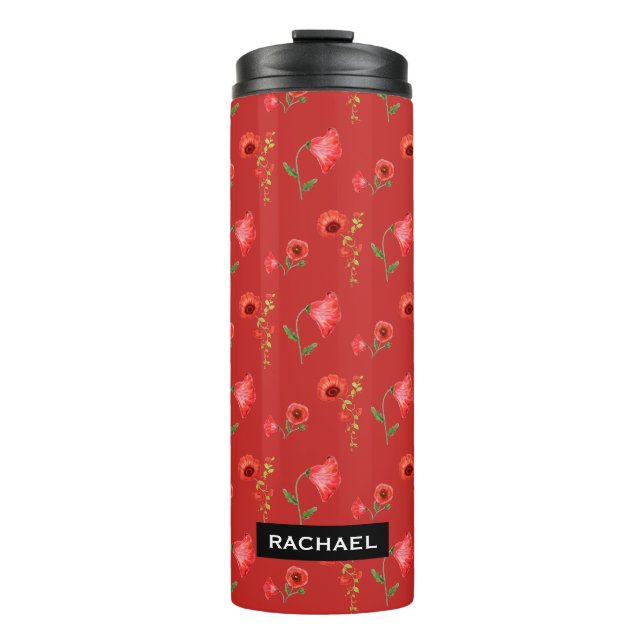 Pretty Red Poppies Pattern Personalised Thermosbecher (Vorderseite)