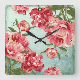 Pretty Retro Flower Chintz Peonies Personalized Quadratische Wanduhr
