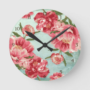 Pretty Retro Flower Chintz Peonies Personalized Runde Wanduhr