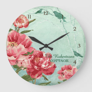Pretty Retro Flower Home Decor Chintz Peony n Bird Große Wanduhr