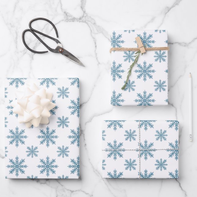 Pretty retro snowflake pattern blues watercolor geschenkpapier set (Vorderseite)