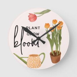 Pretty Script Plant Grow Bloom Tulip Runde Wanduhr