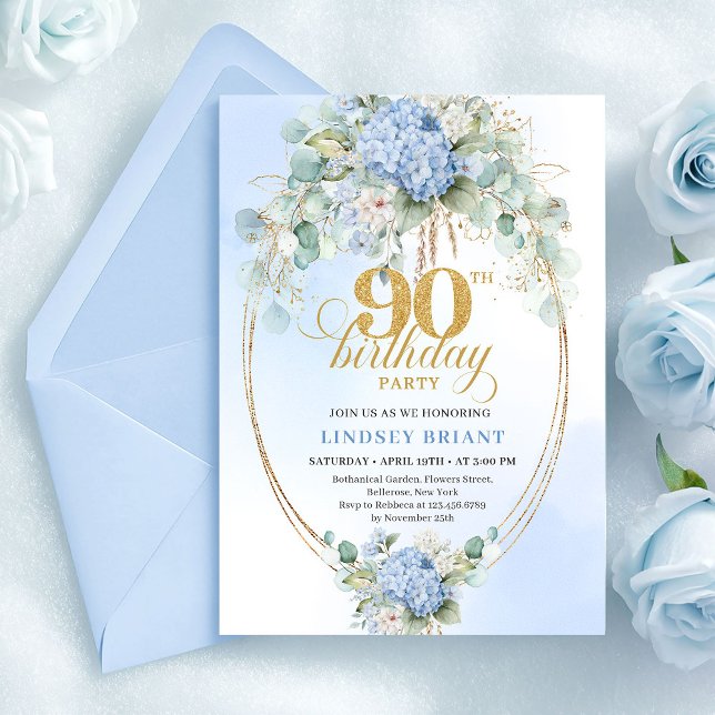 Pretty Soft Blue Hydrangea Gold 90th Birthday Card Einladung (Pretty Soft Blue Hydrangea Gold 90th Birthday Card)