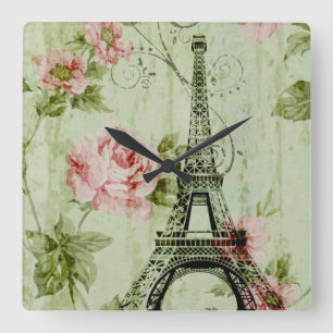 pretty spring mint pink floral paris eiffel tower quadratische wanduhr