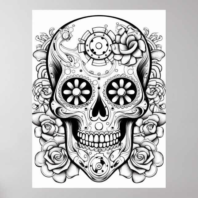Pretty Sugar Skull Image Black + White Art on Wall Poster (Vorne)