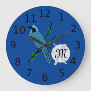 Pretty Turquoise Jay Bird Monogram Große Wanduhr