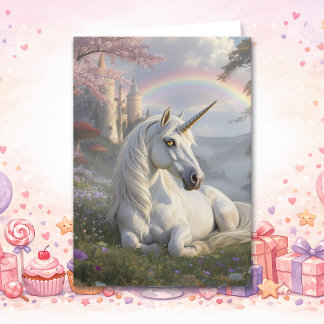 Pretty Unicorn and Fairytale Castle Birthday Karte