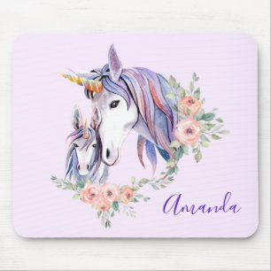 Pretty Unicorn Mom & Baby Watercolor Floral Mousepad