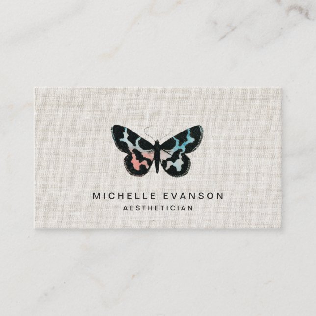 Pretty Watercolor Butterfly Logo Elegant Linen Visitenkarte (Vorderseite)