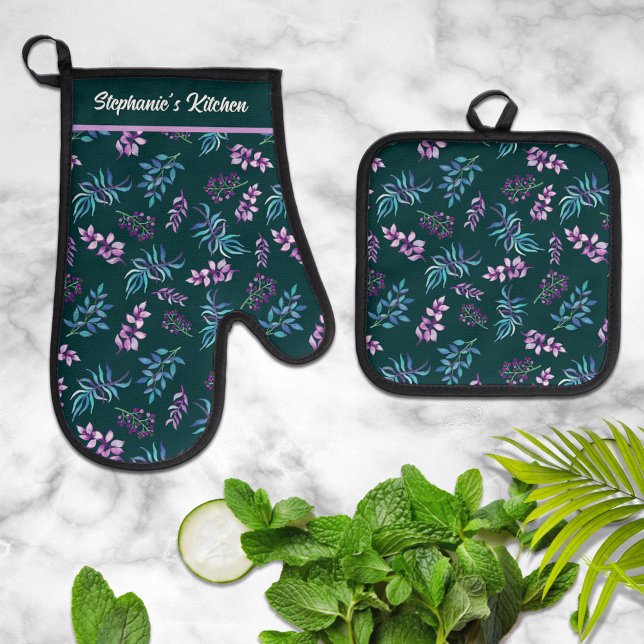 Pretty Watercolor Dark Floral Personalized  Ofenhandschuh & Topflappen-Set (Von Creator hochgeladen)