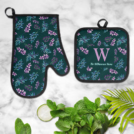 Pretty Watercolor Dark Floral Personalized  Ofenhandschuh & Topflappen-Set