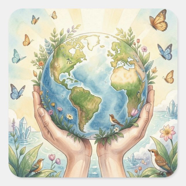 Pretty Watercolor Earth, Butterflies and Birds Quadratischer Aufkleber (Vorderseite)