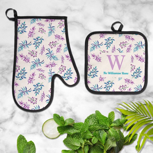 Pretty Watercolor Floral Personalized  Ofenhandschuh & Topflappen-Set (Von Creator hochgeladen)