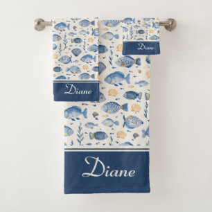 Pretty Watercolor Ocean Fishing Patches mit Namen Badhandtuch Set