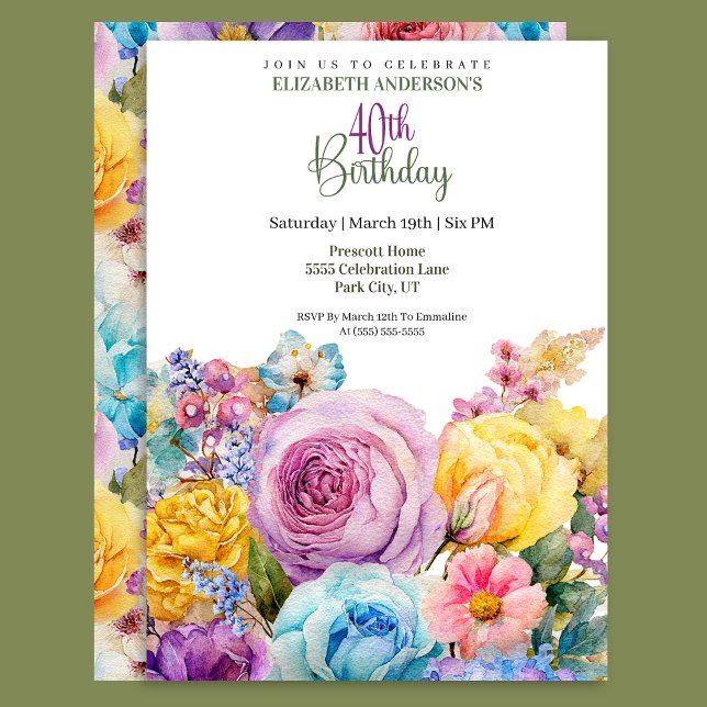 Pretty Watercolor Spring Floral 40th Birthday Einladung (Von Creator hochgeladen)