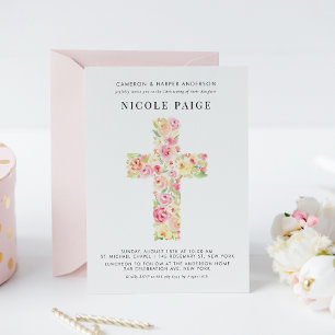 Pretty Watercolor Spring Floral Cross Christening Einladung
