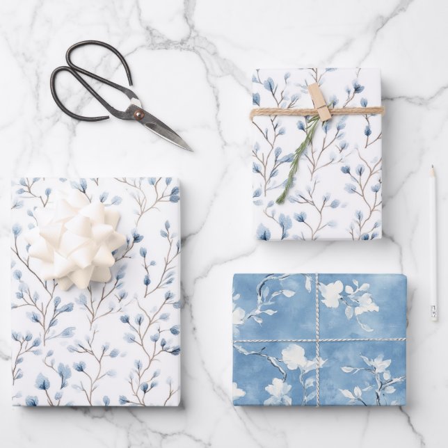 Pretty White Blue Floral Bridal Shower Geschenkpapier Set (Vorderseite)