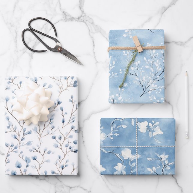 Pretty White Blue Flowers Bridal Shower Geschenkpapier Set (Vorderseite)