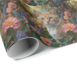 Pretty white orange cat in floral garden geschenkpapier