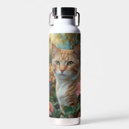 Pretty white orange cat in floral garden trinkflasche