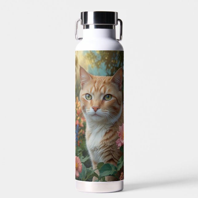 Pretty white orange cat in floral garden trinkflasche (Vorne)