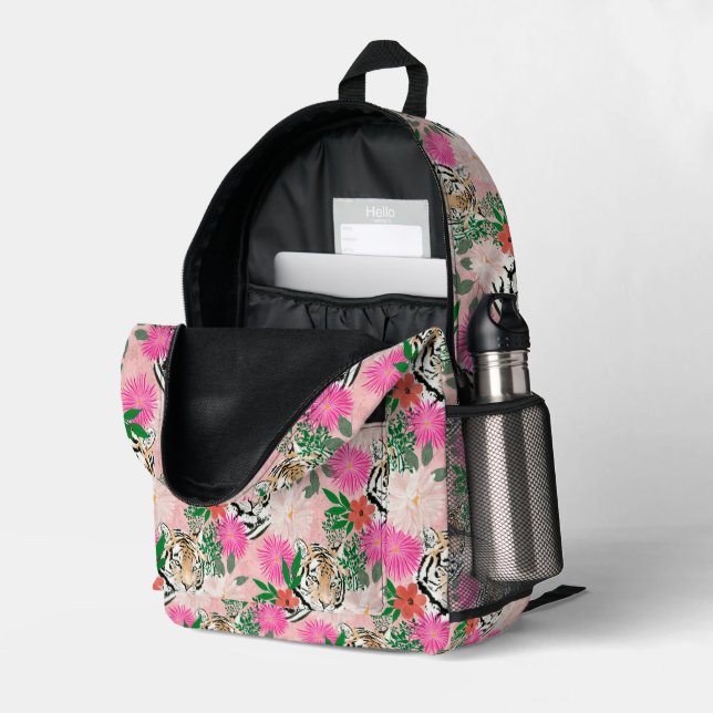 Pretty White Pink Tiger Floral Painting Bedruckter Rucksack (Rückseitige Ecke links (Offen) )