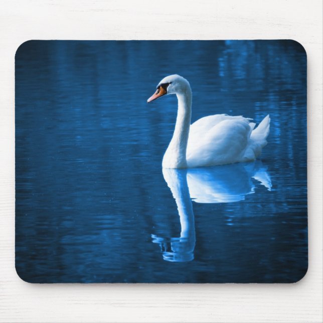 Pretty white swan floating on blue lake mousepad (Vorne)