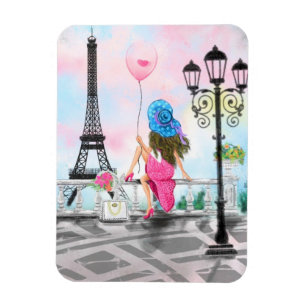 Pretty Woman and Pink Heart Balloon - I Love Paris Magnet