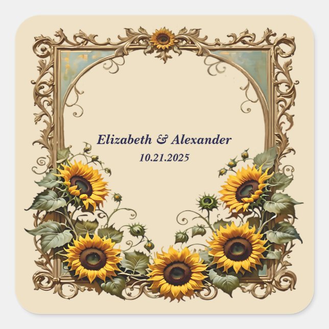 Pretty yellow sunflower elegant wedding  quadratischer aufkleber (Vorderseite)