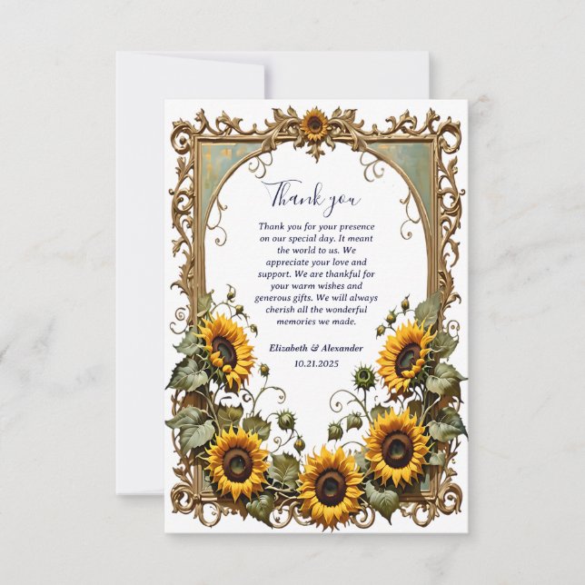 Pretty Yellow sunflower with art frame wedding  Dankeskarte (Vorderseite)