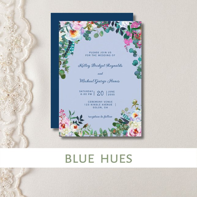 Preußen Blau & Periwinkle Boho Paradise Floral Einladung (Prussian blue and periwinkle watercolor floral makes a pretty spring wedding invitation.)