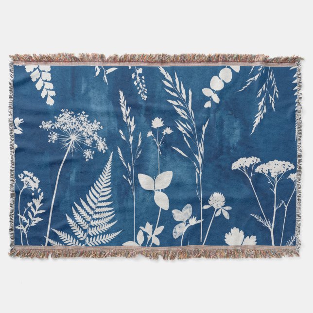 Preußisch Indigo Blau Cyanotyp Farn Botanische Kun Decke (Vorderseite)