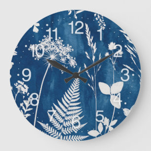Preußisch Indigo Blau Cyanotyp Farn Botanische Kun Große Wanduhr