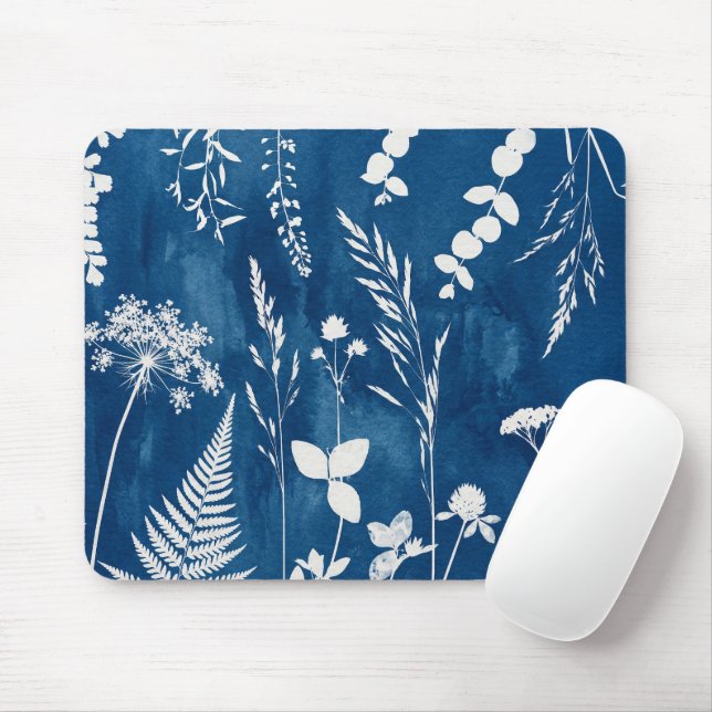 Preußisch Indigo Blau Cyanotyp Farn Botanische Kun Mousepad (Mit Mouse)