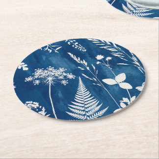 Preußisch Indigo Blau Cyanotyp Farn Botanische Kun Runder Pappuntersetzer