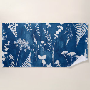 Preußisch Indigo Blau Cyanotyp Farn Botanische Kun Strandtuch