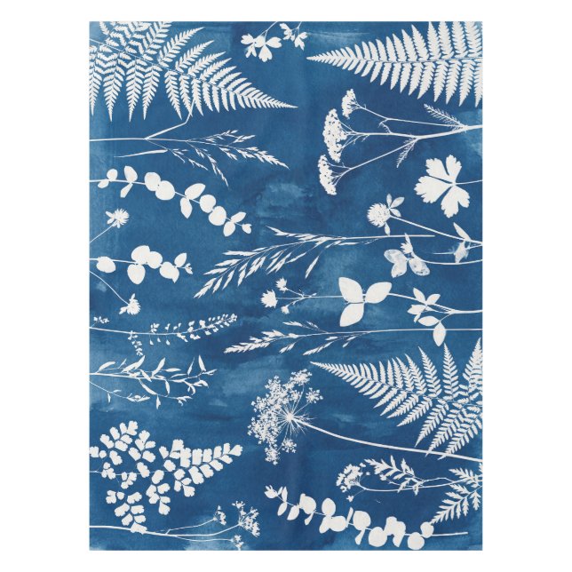 Preußisch Indigo Blau Cyanotyp Farn Botanische Kun Tischdecke (Vorderseite)